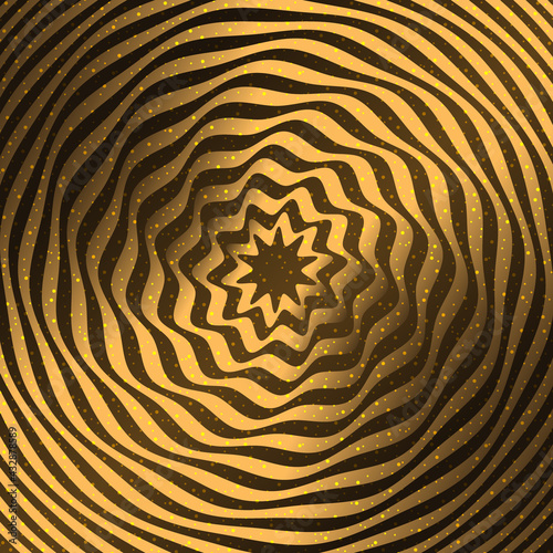 Gold background. Optical illusion in the form of a spiral twisted tape.