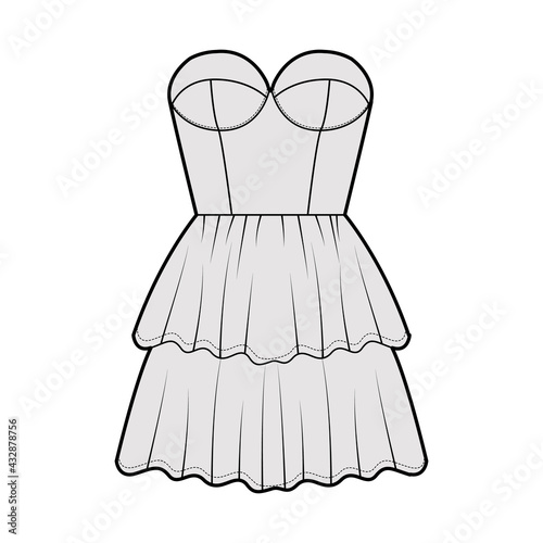 Strapless dress bustier technical fashion illustration with sleeveless, fitted body, 2 row mini length ruffle tiered skirt. Flat apparel front, grey color style. Women, men unisex CAD mockup