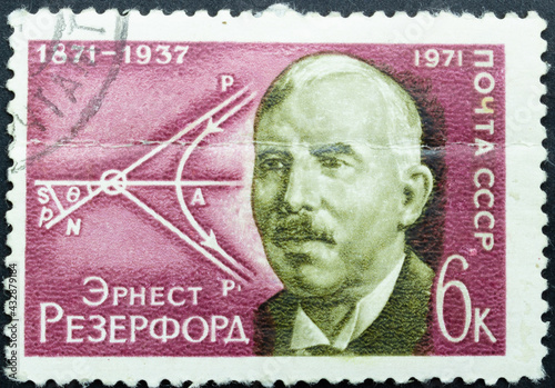 Postage stamp 'Portrait of Ernest Rutherford'. Series: '100th anniversary of the birth of Ernest Rutherford' by artist V.Zavyalov, 1971 photo