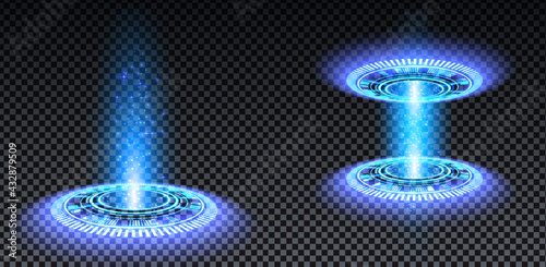 Blue hologram portal set. Magic fantasy portal. Magic circle teleport podium with hologram effect. Vector blue glow rays with sparks on transparent background.