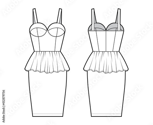 Peplum bustier dress technical fashion illustration with shoulder straps, cups, fitted body, knee length skirt. Flat apparel garment front, back, white color style. Women, men unisex CAD mockup