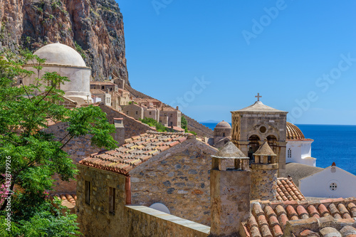 View of the medieval castle of Monemvasia, Lakonia, Peloponnese, Greece