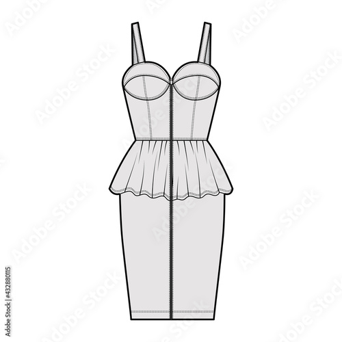 Zip-up peplum bustier dress technical fashion illustration with sleeveless, cups, fitted body, knee length skirt. Flat apparel garment front, grey color style. Women, men unisex CAD mockup