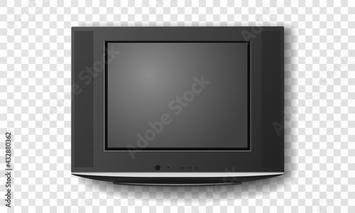 Old fashioned black TV set realistic vector illustration isolated on transparent background.