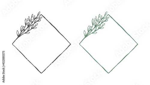 Set of two hand drawn vector geometric frames with branches. Outlined floral frame border. Geometric shapes decorated with plants.