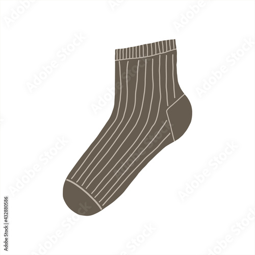 Vector brown sock with stripes isolated on white. Cute cartoon illustration. 