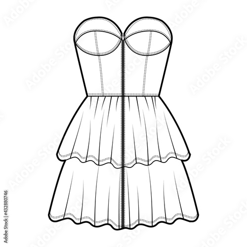 Zip-up bustier dress technical fashion illustration with strapless, fitted body, 2 row mini length ruffle tiered skirt. Flat apparel front, white color style. Women, men unisex CAD mockup