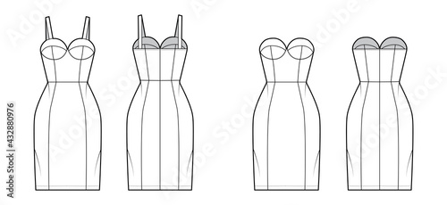 Set of dresses tube technical fashion illustration with sleeveless, strapless, fitted body, knee length skirt. Flat garment apparel front, back, white color style. Women, men unisex CAD mockup