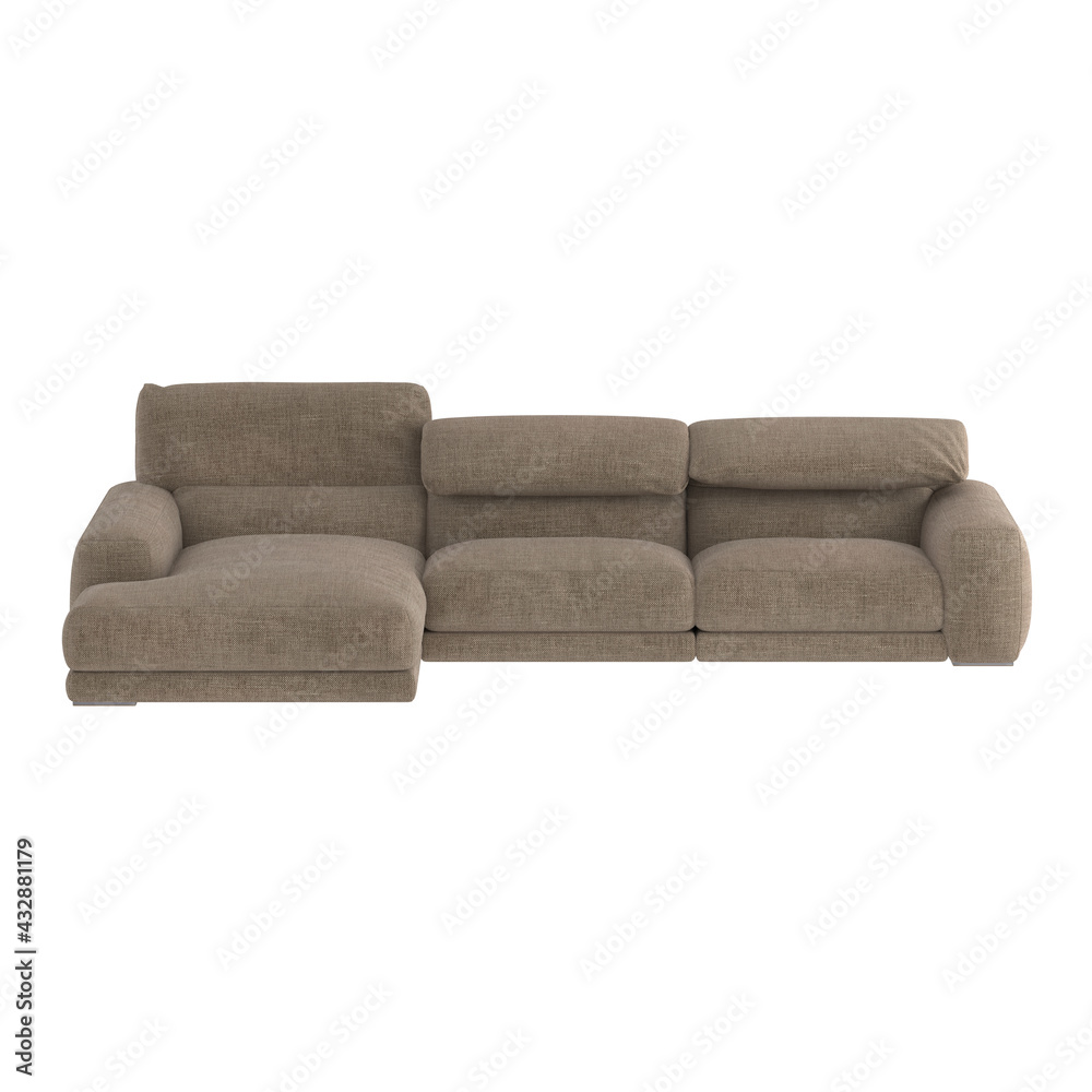 Gray soft fabric sofa with baggy upholstery on a white background. Front view. 3d rendering Gray soft fabric sofa with baggy upholstery on a white background. Front view. 3d rendering