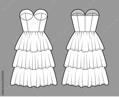Strapless dress bustier technical fashion illustration with fitted body, 3 row knee length ruffle tiered skirt. Flat garment apparel front, back, white color style. Women, men, unisex CAD mockup