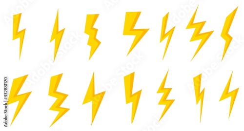 Lightning and thunderstorm 3d icons set. Battery charge sign. Collection of yellow  isolated images on a white background. Flash  natural discharge of energy.Vector illustration 