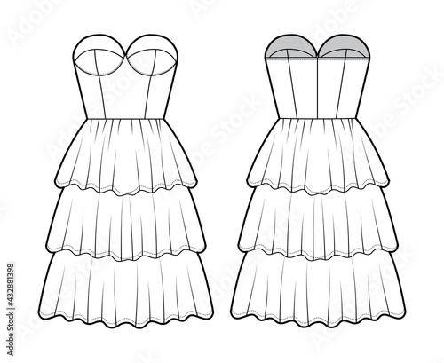 Strapless dress bustier technical fashion illustration with fitted body, 3 row knee length ruffle tiered skirt. Flat garment apparel front, back, white color style. Women, men, unisex CAD mockup