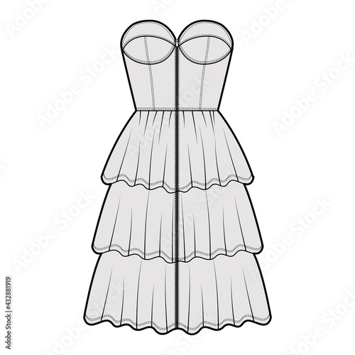 Zip-up bustier dress technical fashion illustration with strapless, fitted body, 3 row knee length ruffle tiered skirt. Flat apparel front, grey color style. Women, men unisex CAD mockup