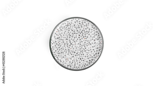 Chia pudding isolated on a white background. Multilayer healthy dessert. Chia mousse.