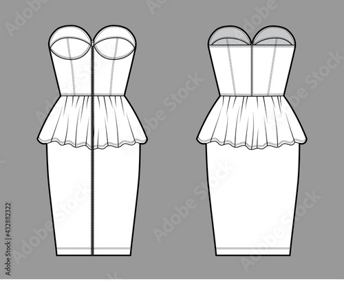 Zip-up peplum bustier dress technical fashion illustration with strapless, cups, fitted body, knee length skirt. Flat apparel front, back, white color style. Women, men unisex CAD mockup