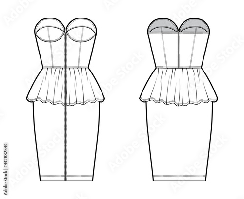 Zip-up peplum bustier dress technical fashion illustration with strapless, cups, fitted body, knee length skirt. Flat apparel front, back, white color style. Women, men unisex CAD mockup
