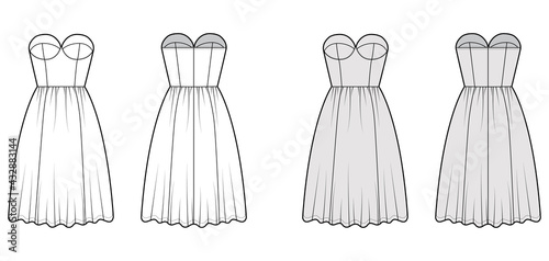Flared dress technical fashion illustration with bustier, sleeveless, strapless, fitted body, knee length ruffle skirt. Flat apparel front, back, white grey color style. Women, men unisex CAD mockup