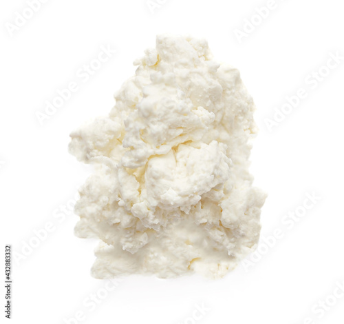 Cottage cheese isolated on white background closeup. Diary Products with high protein. Top view