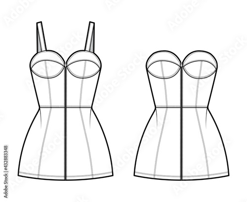 Set of dresses denim Zip-up bustier peplum technical fashion illustration with sleeveless, strapless, fitted body, mini length ruffle tiered skirt. Flat apparel front, white color style. Women men CAD