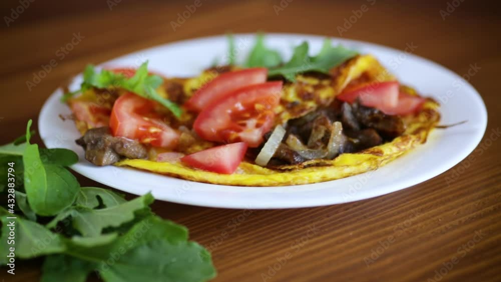 fried egg omelet with wild mushrooms and tomatoes, on black background fried egg omelet with wild mushrooms and tomatoes, on black background