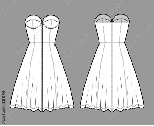 Zip-up dress bustier denim technical fashion illustration with sleeveless, strapless, fitted body, knee length A-line skirt. Flat apparel front, back, white color style. Women, men unisex CAD mockup