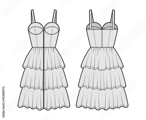 Zip-up bustier dress technical fashion illustration with sleeveless, fitted body, 3 row knee length ruffle tiered skirt. Flat apparel front, back, grey color style. Women, men unisex CAD mockup