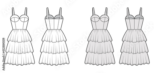 Bustier dress technical fashion illustration with sleeveless, cups, fitted body, 3 row knee length ruffle tiered skirt. Flat apparel front, back, white grey color style. Women, men unisex CAD mockup