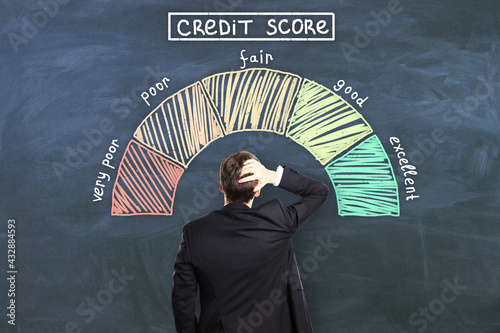 Cuadro en lienzo Credit score concept with pensive man back in front of chalkboard with credit score levels