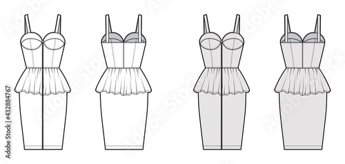 Zip-up peplum bustier dress technical fashion illustration with sleeveless, cups, fitted body, knee length skirt. Flat apparel garment front, back, white grey color style. Women, men unisex CAD mockup