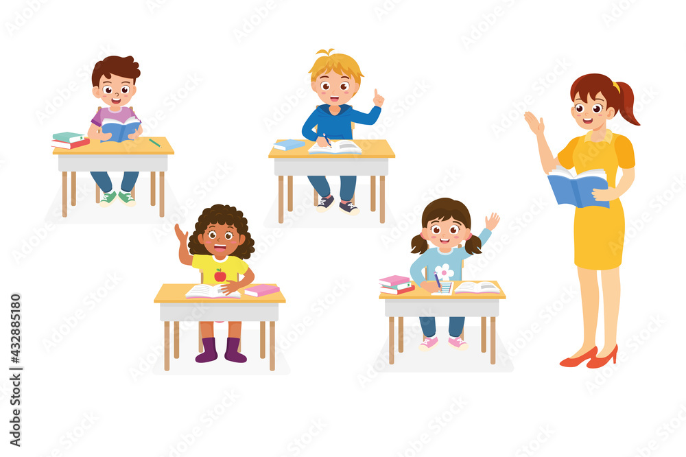 Set of back to school elements, kids as a student and teacher vector ilustration for education concept isolated on white background. Set of back to school elements, kids as a student and teacher vector ilustration for education concept isolated on white background.
