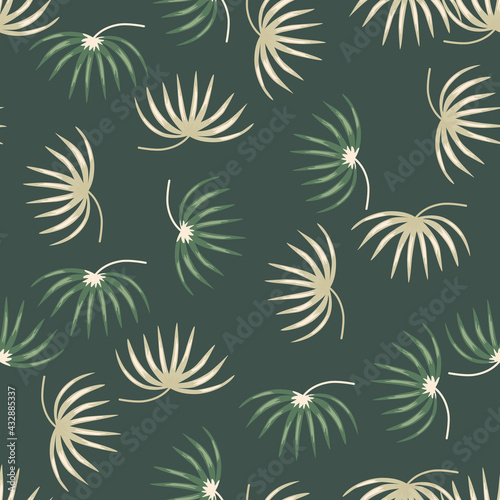 Beige and green random tropic leaves silhouettes seamless pattern. Exotic botany backdrop with floral print.