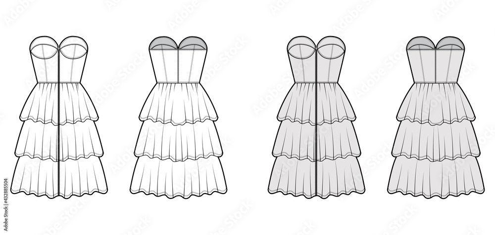 Zip-up bustier dress technical fashion illustration with strapless, fitted body, 3 row knee length ruffle tiered skirt. Flat apparel front, back, white grey color style. Women, men unisex CAD mockup