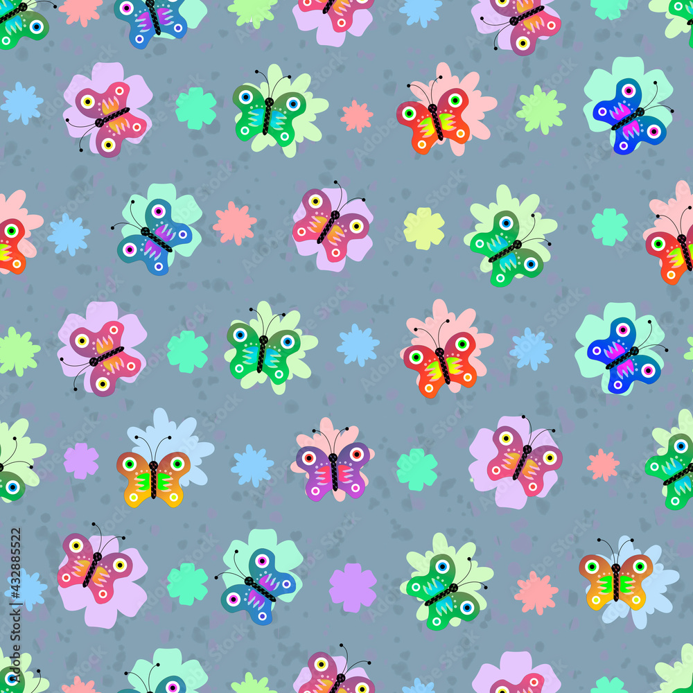 butterflies and flowers on grey background pattern