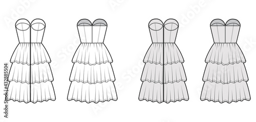 Zip-up bustier dress technical fashion illustration with strapless, fitted body, 3 row knee length ruffle tiered skirt. Flat apparel front, back, white grey color style. Women, men unisex CAD mockup