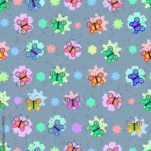Fototapeta Naklejka Na Ścianę i Meble -  butterflies and flowers on grey background pattern