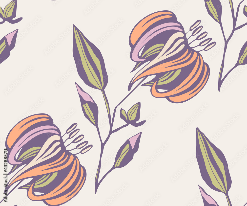 Vector ornamental hand drawing decorative baroque lily background. Ethnic seamless pattern ornament. Vector pattern.
