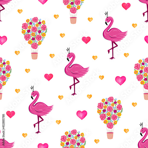 Flamingos and flowers pattern. Illustration for printing, backgrounds, wallpapers, covers, packaging, greeting cards, posters, stickers, textile and seasonal design. Isolated on white background.