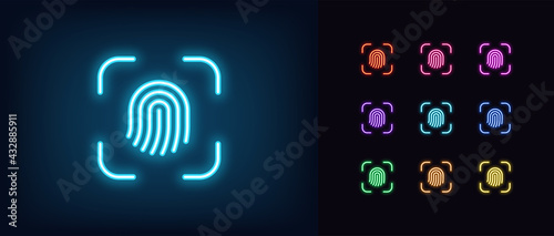 Neon fingerprint scanner icon. Glowing neon thumbprint sign, outline finger print recognition and identify pictogram