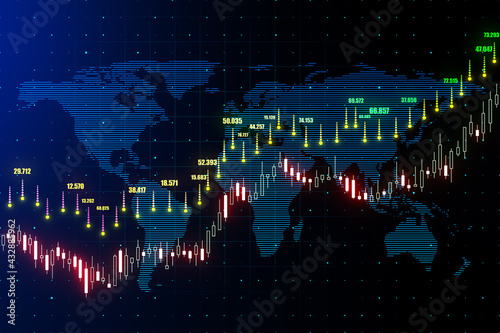 Global trading concept with glowing financial chart growing candlestick on world scheme background.