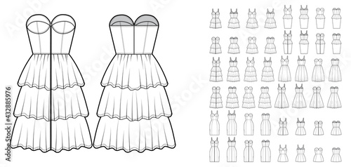 Set of dresses Zip-up bustier peplum technical fashion illustration with sleeveless, strapless, fitted body, knee mini length ruffle skirt. Flat apparel front, back, white color. Women, men unisex CAD