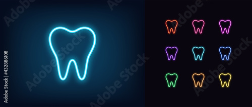 Neon tooth icon. Glowing neon tooth sign, outline dentist pictogram