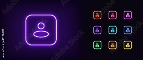Neon user avatar icon. Glowing neon person sign, outline square avatar pictogram