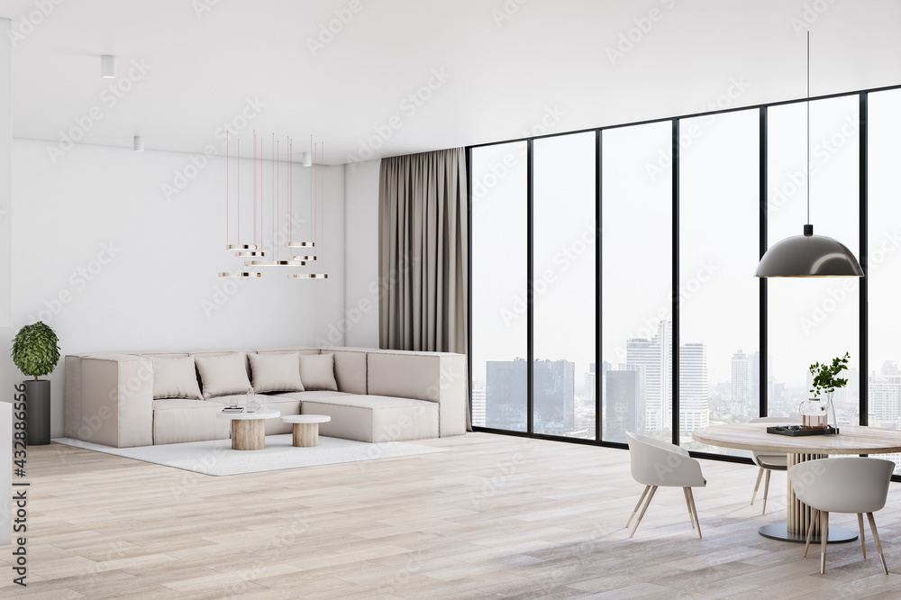 Sunny spacious light shades living room with transparent glass