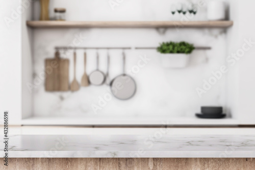 Stylish marble tabletop on wooden platform with copyspace for your logo at blurry kitchen utensils and dishes on light wall background. 3D rendering, mock up