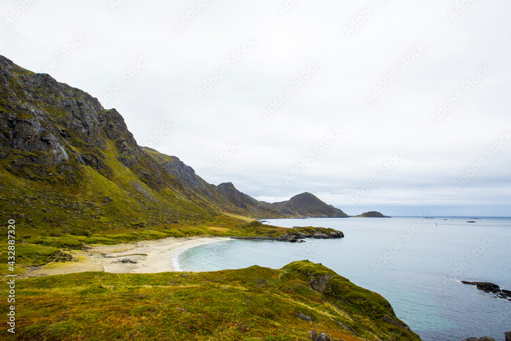 Autumn landscape and beach in Lofoten Islands, Northern Norway