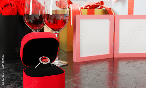 A red diamond or Red Zircon ring with small diamonds surrounded. In a red box placed on a marble table surface. Red wine A blank picture frame on the table And a gift box. 3D Rendering