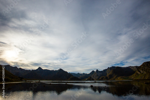 Autumn landscape and beach in Lofoten Islands, Northern Norway