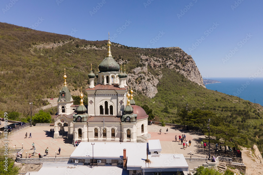 Aerial view of foross church on the edge of the cliff in Crimea nera the sea