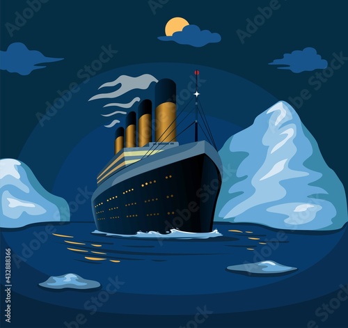 Titanic cruise ship sail in sea iceberg in night scene illustration in cartoon vector photo