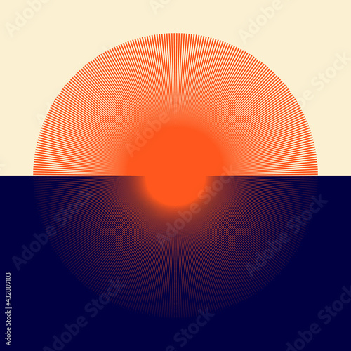 Orange sun with rays over yellow and blue background. Minimal sunset concept.